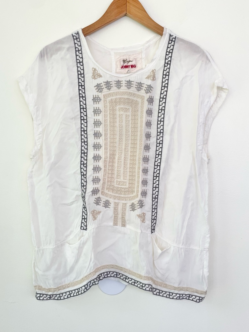Johnny Was Biya S Blouse Embroidered Cupra Loose Fit Kaftan Tunic Ivory Cream